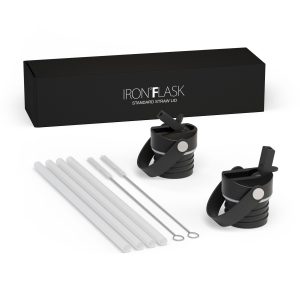 IRON FLASK Official Straw Lid Set for Narrow and Standard Mouth Water Bottles, 2-Pack Replacement Loop Handle Caps with 4 Straws and 2 Cleaning Brushes, Midnight Black